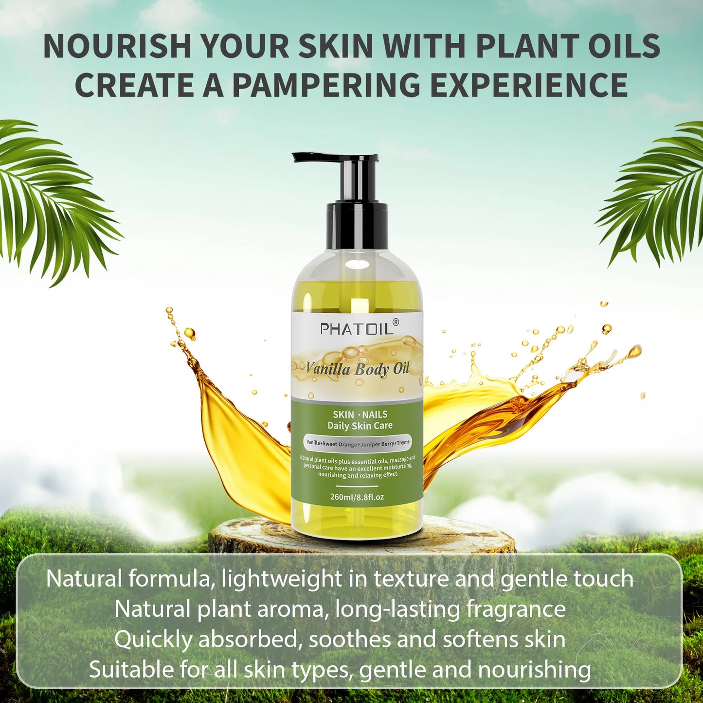 PHATOIL 260ML Vanilla Body Oil For Skin Face Care Massage Oil Repairing Smoothing Skin Care Ginger Grapefruit Essential Body Oil