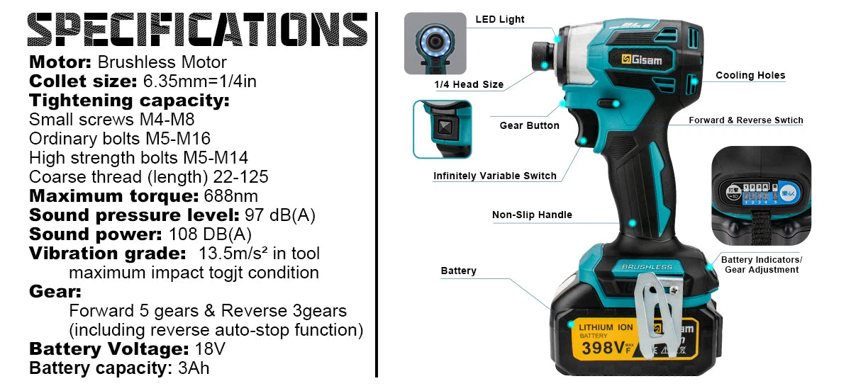 688N.m 8-Speed 1/4'' Brushless Electric Screwdriver Cordless Screwdriver Electric Drill Impact Driver Kit for Makita 18V Battery