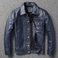 2023 New Leather Jacket Men's Single-Breasted Denim Blue Retro Old Motorcycle Leather Jacket Slim-Fit Lapel Coat