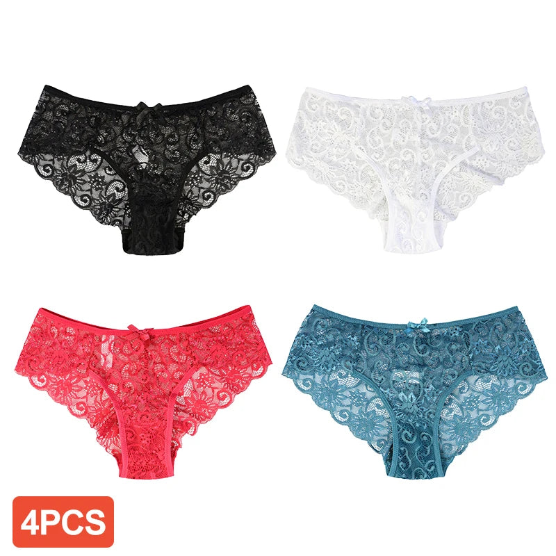 4Pcs Woman Sexy Lace Panties Female Briefs Underwear For Women Breathable Panty Hollow Lingerie Briefs Bow Underpants
