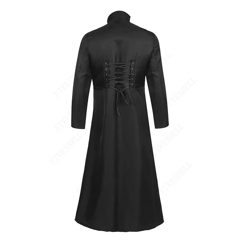 Medieval Men Vintage Costumes Steampunk Gothic Black Long Jacket Coat Vampire Cosplay Pirate Halloween Outfit Men's Trenchcoat