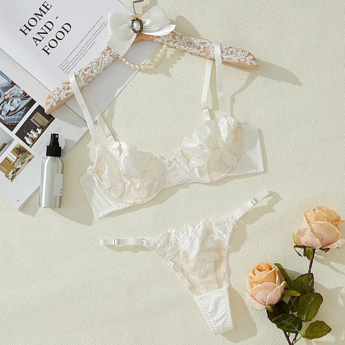Women'S Underwear Sexy See Through Mesh Transparent Embroidery Fragmented Flower Kit Push Bra+Thong Panties Lingerie Set 2024