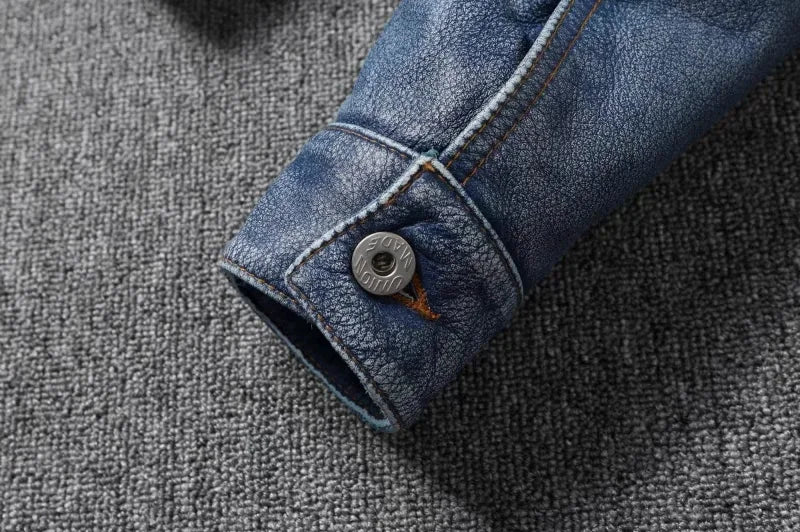 2023 New Leather Jacket Men's Single-Breasted Denim Blue Retro Old Motorcycle Leather Jacket Slim-Fit Lapel Coat