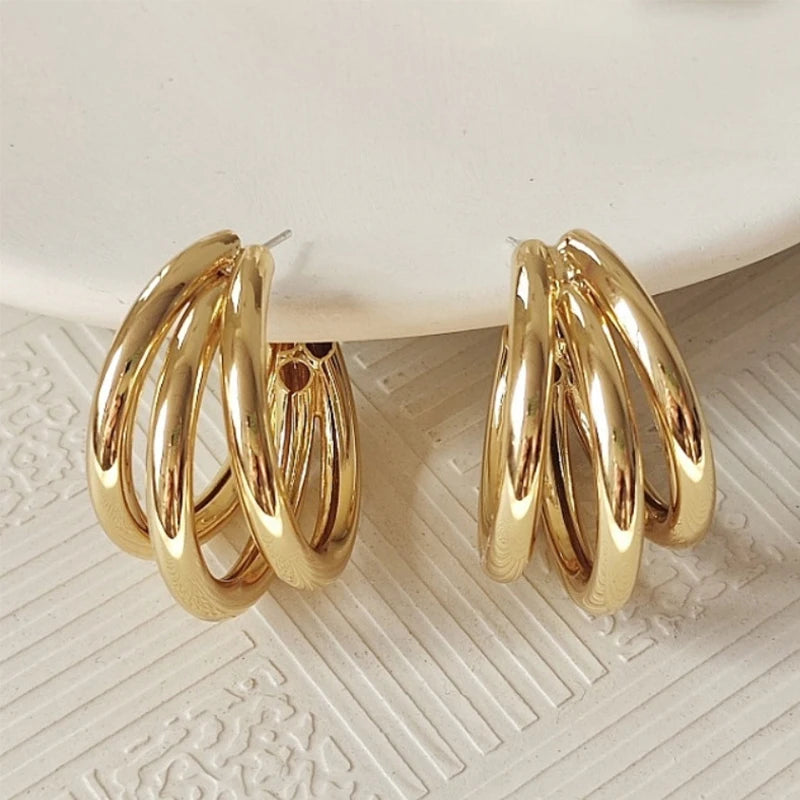 UILZ Gold Silver Color Hoop Earrings For Women Korean Fashion Three-layer Hoops Big Thick Round Earrings Piercing Jewelry Gifts