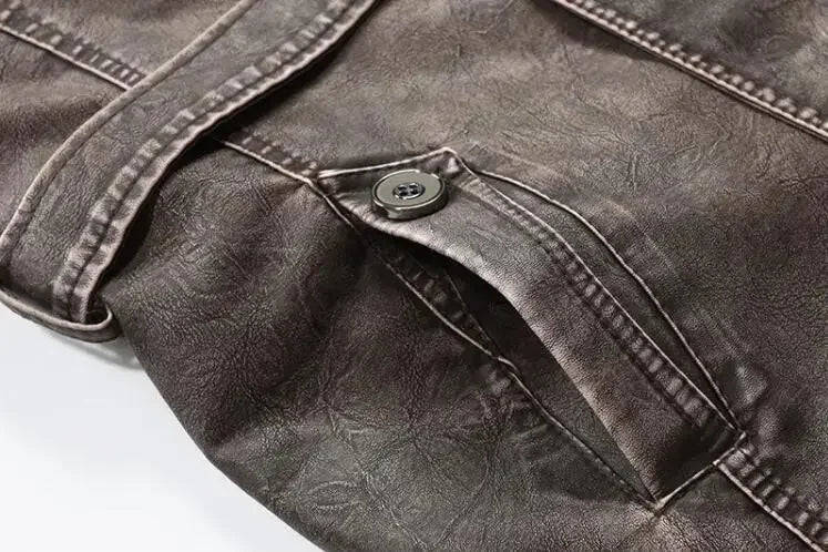 Leather Coat Men Stand-up Collar Autumn Winter New Men Mid-Length Casual Fashion Slim Fit Solid Color Leather Jacket