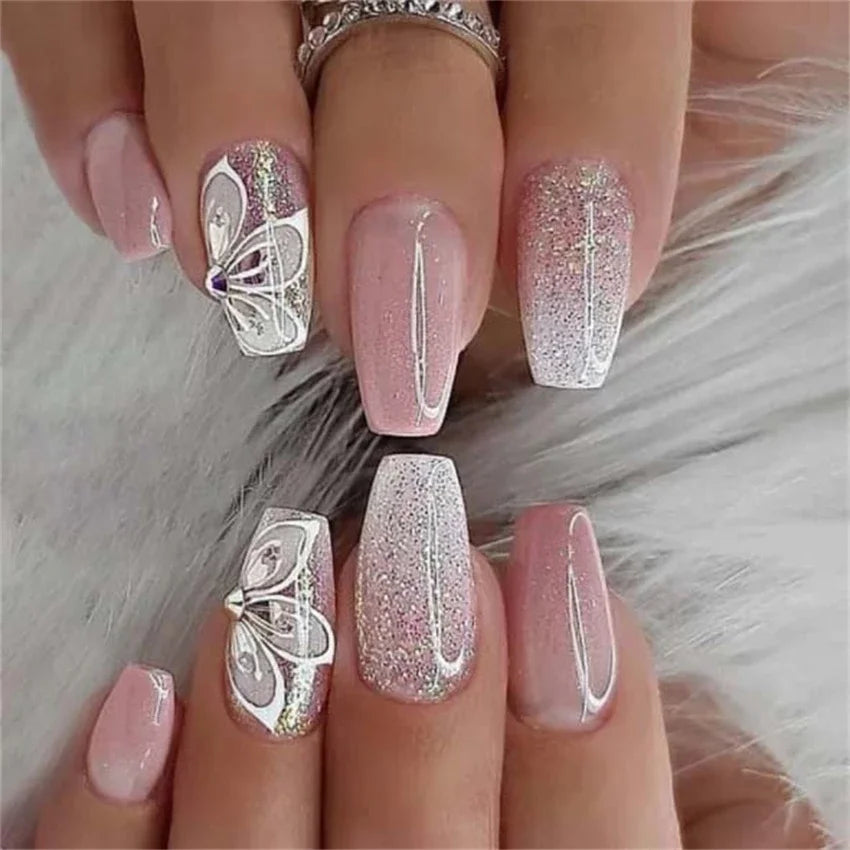 24p Artificial Acrylic Nail Art Fake Nails Full Coverage Removable Press On Nails Tip French Light Pink Heart False Nail Designs