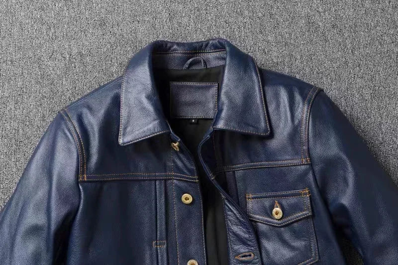 2023 New Leather Jacket Men's Single-Breasted Denim Blue Retro Old Motorcycle Leather Jacket Slim-Fit Lapel Coat