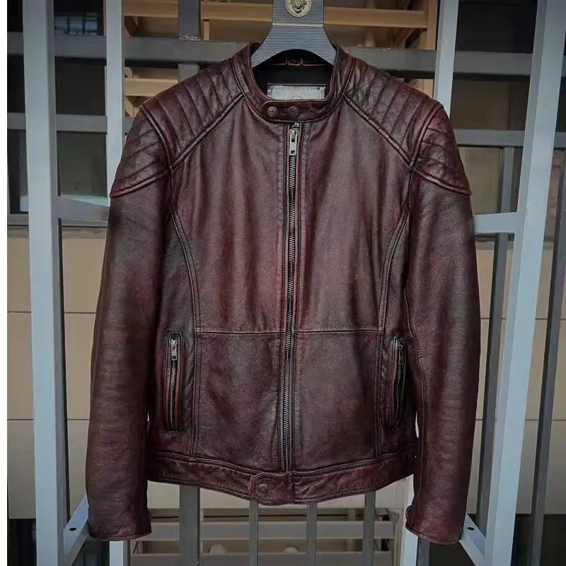Vintage Black Brown Real Cowhide Genuine Leather Jacket Real Fur Men's Leather Jacket Bomber Men Leather Jacket Motorcycle Coat