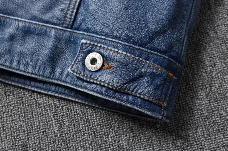 2023 New Leather Jacket Men's Single-Breasted Denim Blue Retro Old Motorcycle Leather Jacket Slim-Fit Lapel Coat