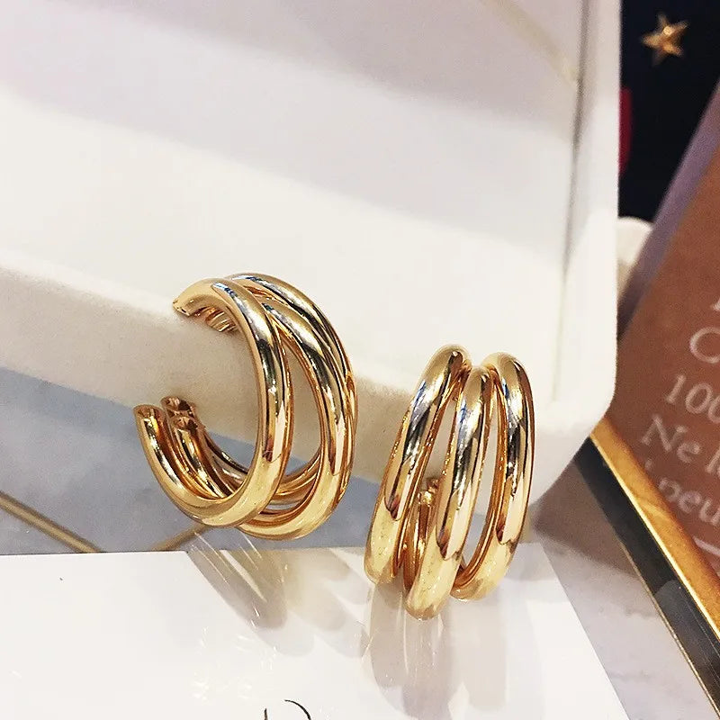 UILZ Gold Silver Color Hoop Earrings For Women Korean Fashion Three-layer Hoops Big Thick Round Earrings Piercing Jewelry Gifts