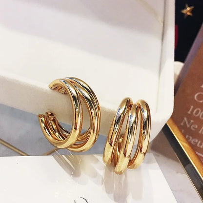 UILZ Gold Silver Color Hoop Earrings For Women Korean Fashion Three-layer Hoops Big Thick Round Earrings Piercing Jewelry Gifts