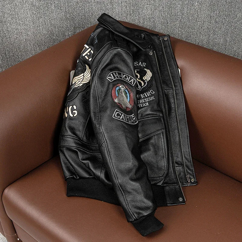 2025 New Spring Men's Genuine Leather Jacket Embroidery Bomber Cowhide Air Force Jacket Motorcycle Leather Coat A2 Biker Clothes