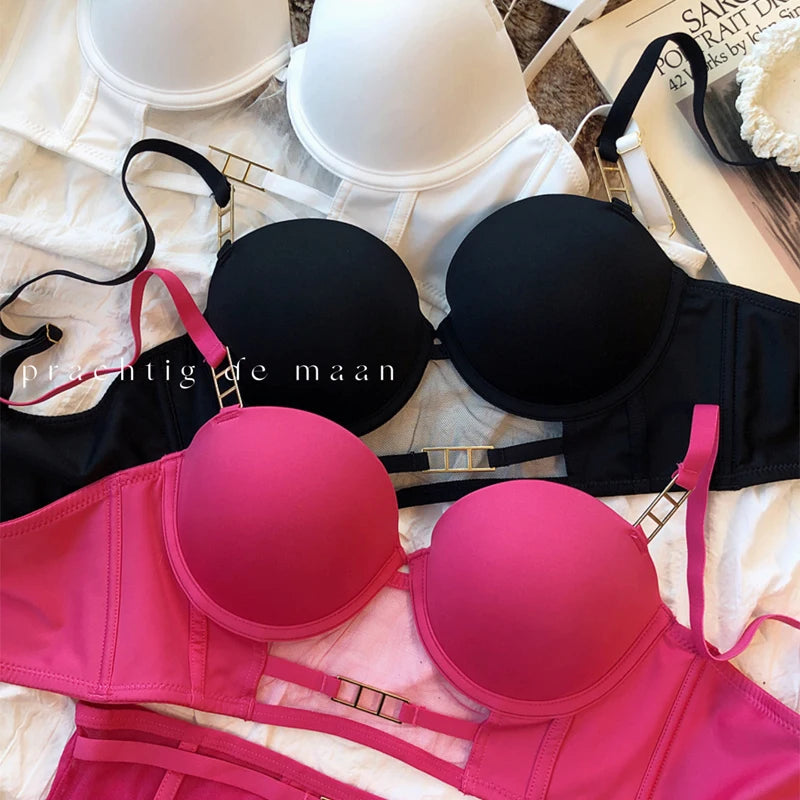 Europe Women Underwear Set Sexy Lace Hollow Breathable Widen Buckle Lingerie Underwire Push Up Bra and Panties Rose Intimates