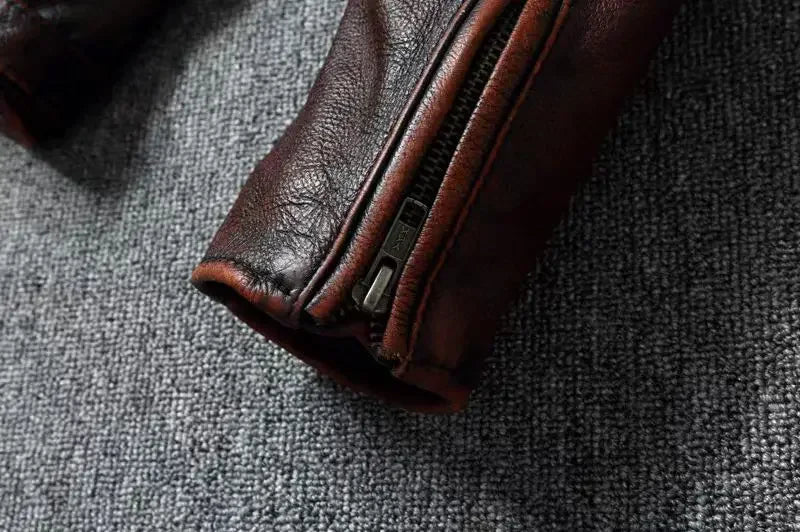 Vintage Black Brown Real Cowhide Genuine Leather Jacket Real Fur Men's Leather Jacket Bomber Men Leather Jacket Motorcycle Coat