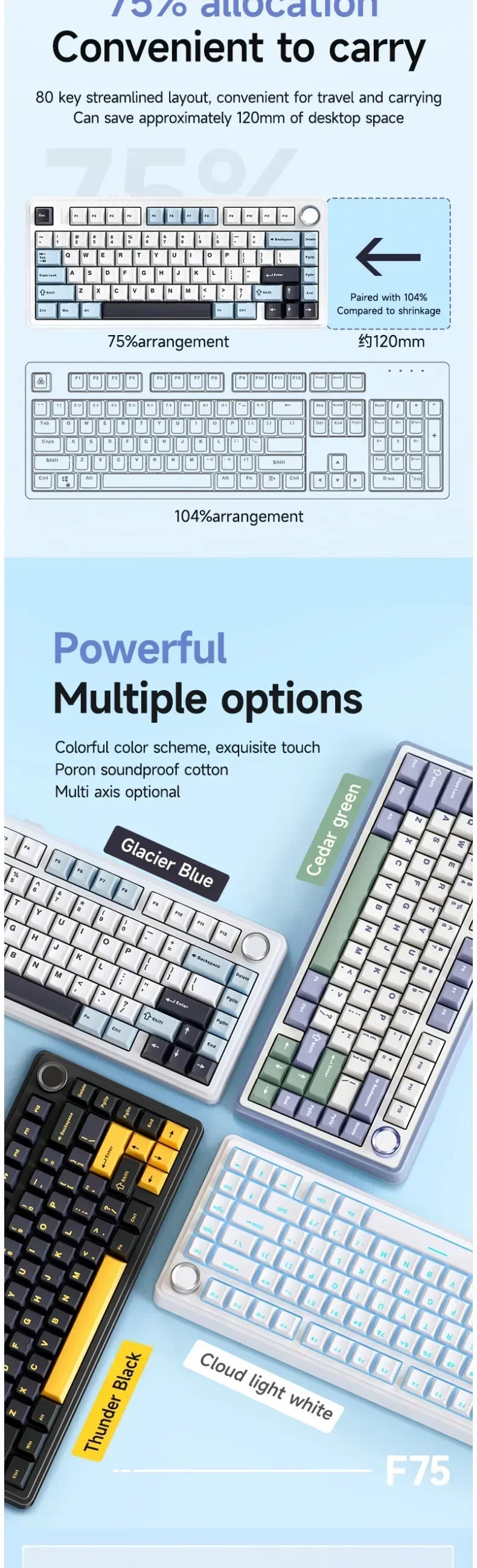 AULA F75 wireless Mechanical Keyboard,Gamer keyboard Customized Hot-Swap 75% Layout,OEM Profile Gasket Structure,Reaper Axis