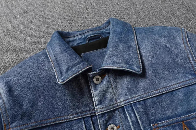 2023 New Leather Jacket Men's Single-Breasted Denim Blue Retro Old Motorcycle Leather Jacket Slim-Fit Lapel Coat