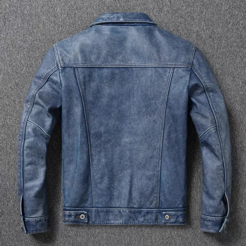 2023 New Leather Jacket Men's Single-Breasted Denim Blue Retro Old Motorcycle Leather Jacket Slim-Fit Lapel Coat