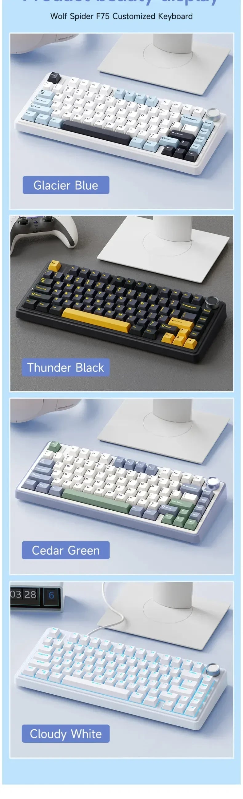 AULA F75 wireless Mechanical Keyboard,Gamer keyboard Customized Hot-Swap 75% Layout,OEM Profile Gasket Structure,Reaper Axis