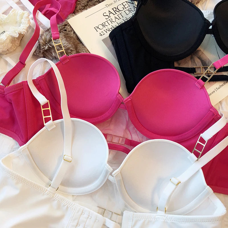 Europe Women Underwear Set Sexy Lace Hollow Breathable Widen Buckle Lingerie Underwire Push Up Bra and Panties Rose Intimates