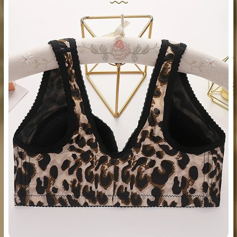 Women's Breathable Side-lifting Maternity Underwear Leopard Print Large Size Ultra-thin No Underwire Front-closure Bra