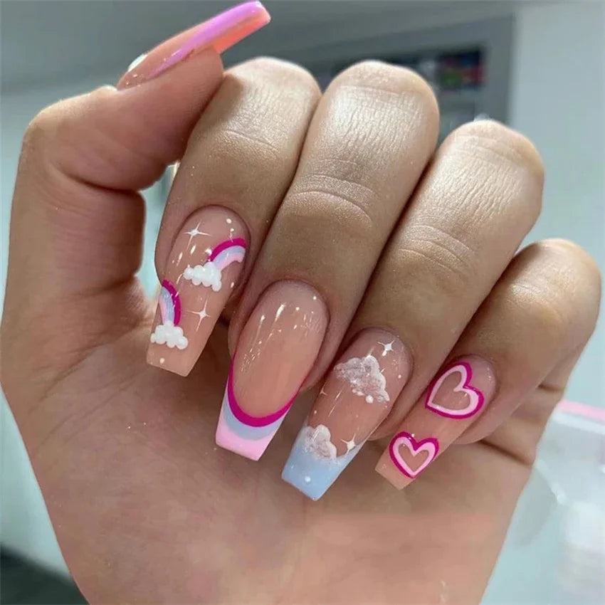 24p Artificial Acrylic Nail Art Fake Nails Full Coverage Removable Press On Nails Tip French Light Pink Heart False Nail Designs