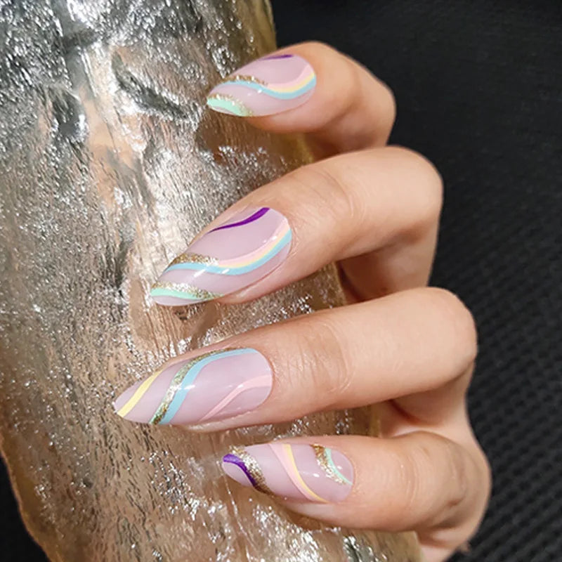 24Pcs Ballerina Press On Nail Tips Oval Head False Nails Almond Artificial Fake Nails With Glue Full Cover Press Manicure Tools