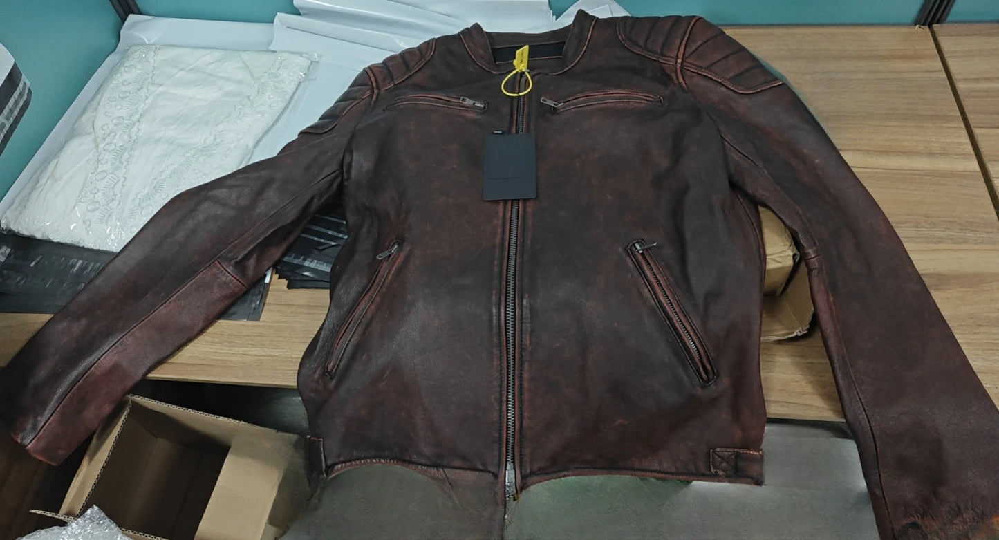 Vintage Black Brown Real Cowhide Genuine Leather Jacket Real Fur Men's Leather Jacket Bomber Men Leather Jacket Motorcycle Coat