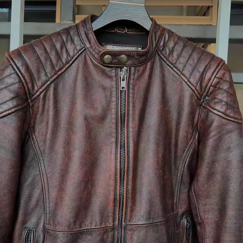 Vintage Black Brown Real Cowhide Genuine Leather Jacket Real Fur Men's Leather Jacket Bomber Men Leather Jacket Motorcycle Coat