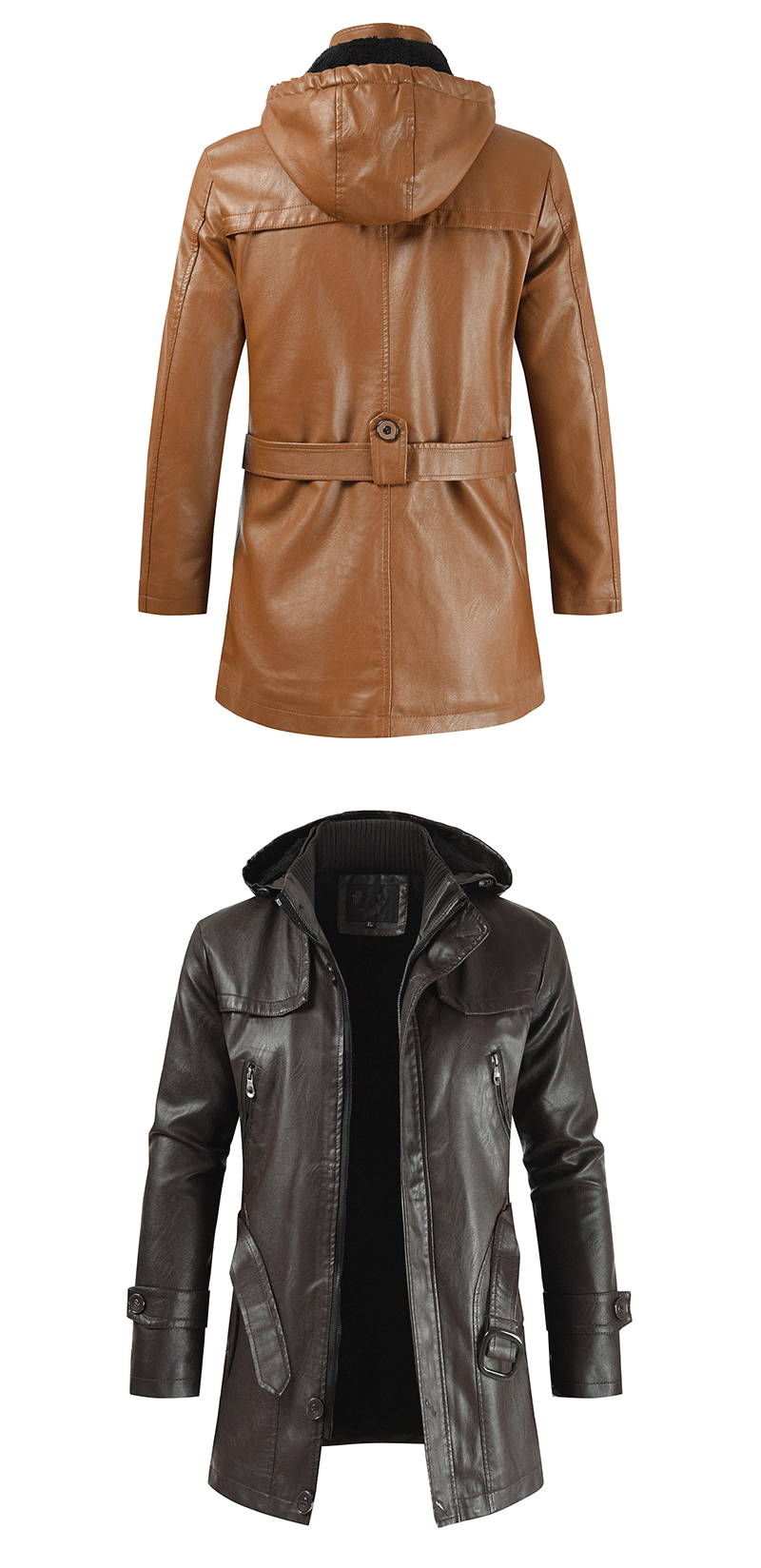 2024 Winter Men's Leather Motorcycle Leather Korean Fashion Jacket Coat Windproof Clothes Men's Hooded Medium Long