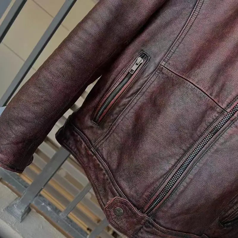Vintage Black Brown Real Cowhide Genuine Leather Jacket Real Fur Men's Leather Jacket Bomber Men Leather Jacket Motorcycle Coat
