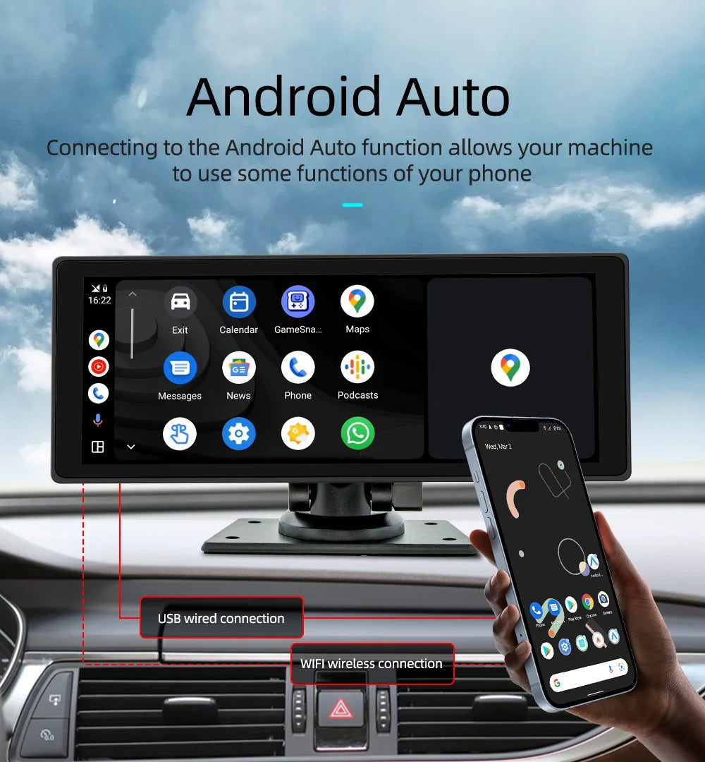BQCC 10.26 Inch Portable Wireless Carplay Screen HD Rear Reversing Camera Car Radio DVR MP5 Multimedia Video Player Android Auto