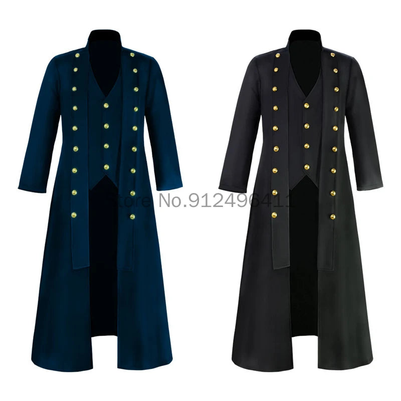 Medieval Men Vintage Costumes Steampunk Gothic Black Long Jacket Coat Vampire Cosplay Pirate Halloween Outfit Men's Trenchcoat