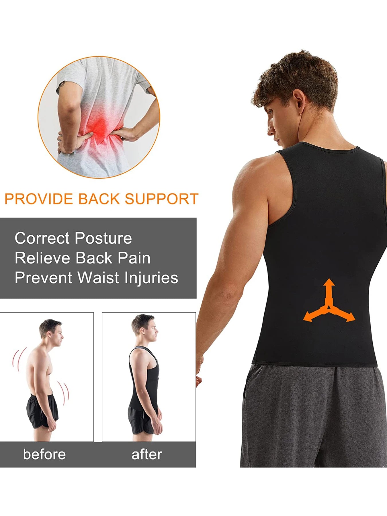 Men's Waist Trainer Body Shaper Sauna Sweat Waist Trainer Vest with Zipper Workout Sauna Suit with Adjustable Waist Trimmer Belt