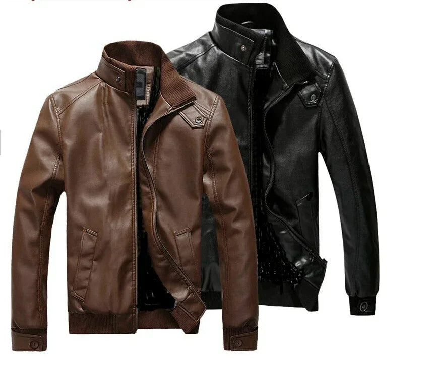 Autumn Winter Brown Leather Jacket Men Oversize Faux Leather Motorcycle Jacket Male Stand Collar Long Sleeve Moto Biker Coat 3xl