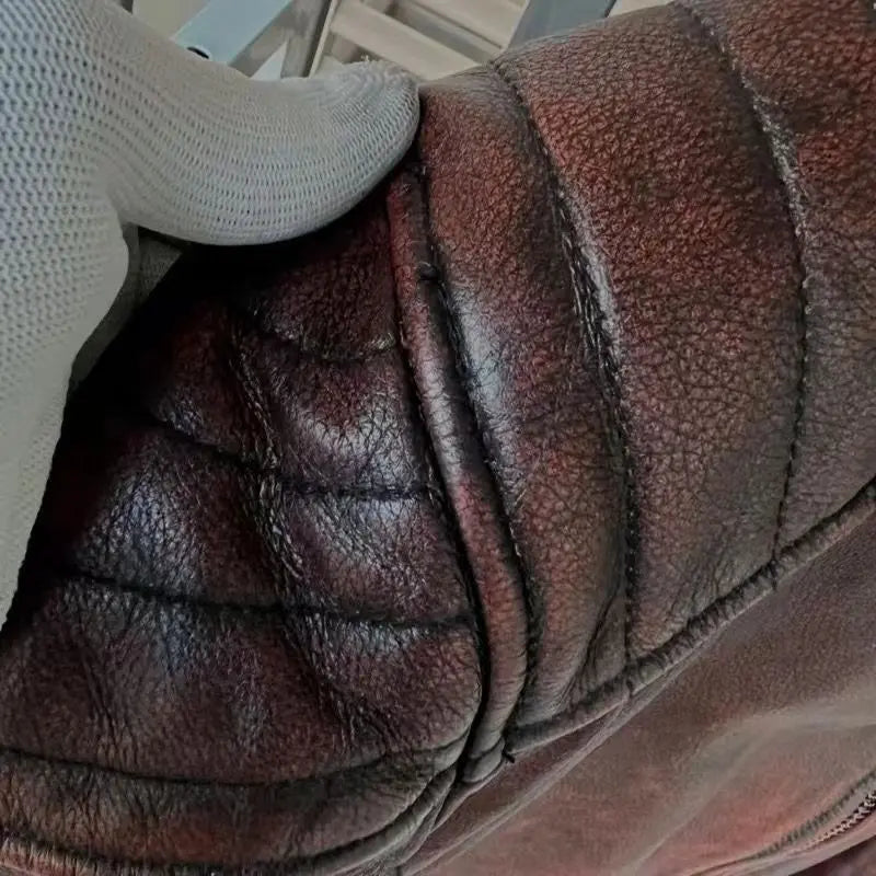 Vintage Black Brown Real Cowhide Genuine Leather Jacket Real Fur Men's Leather Jacket Bomber Men Leather Jacket Motorcycle Coat