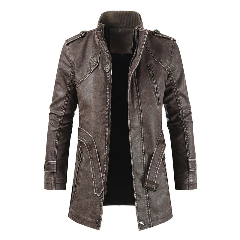 Leather Coat Men Stand-up Collar Autumn Winter New Men Mid-Length Casual Fashion Slim Fit Solid Color Leather Jacket