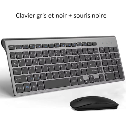 AZERTY French Layout 2.4G Mouse Keyboard Ultra-Slim Wireless Keyboard and Mouse Set Silent Compact for PC Laptop Windows