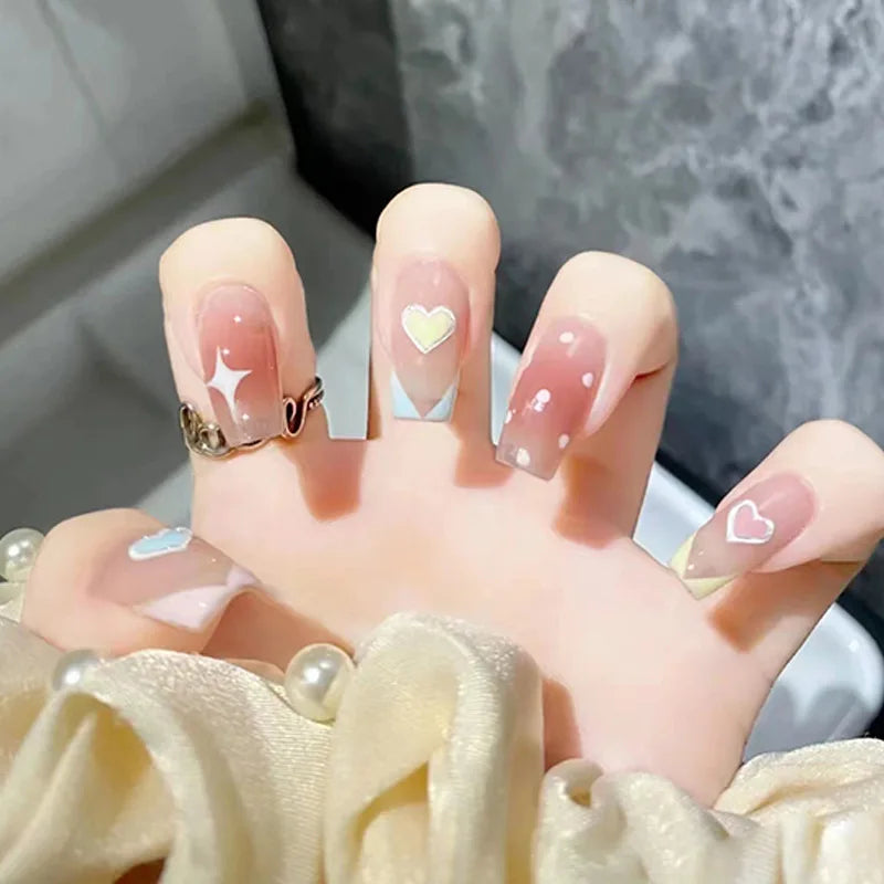 24Pcs Mid-length Ballet False Nails Cute Childlike Rainbow Press On Nails Iced Through Milk Tea Fake Nails Free Shipping Items