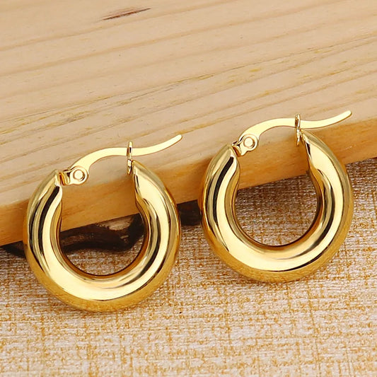 Surgical Steel Gold Color Tone Women Fat Chunky Earrings Stainless Wives Round Smooth Thick Hoops Statement Jewelry 20mm/25mm