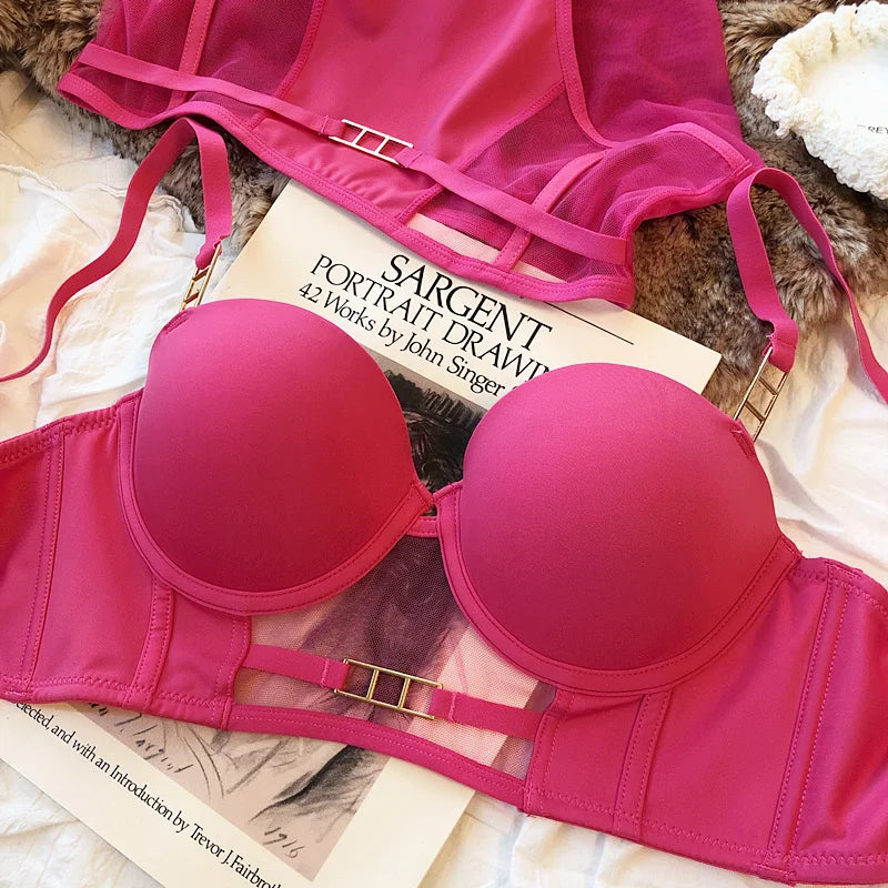 Europe Women Underwear Set Sexy Lace Hollow Breathable Widen Buckle Lingerie Underwire Push Up Bra and Panties Rose Intimates