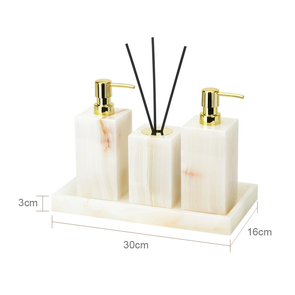 White Onyx Natural Marble Bathroom Accessories Luxury Soap Dispenser Cotton Swabs Container Reed diffuser Tray Bathroom Set