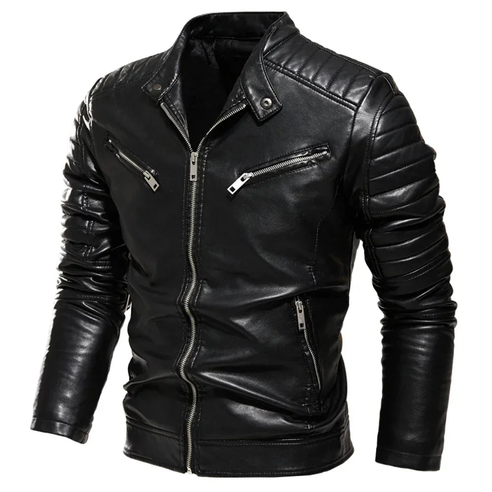 Men Fur Lined Warm Motorcycle Jacket Slim Street Fashion BLack Biker Coat Pleated Design Zipper 2024 Winter Black Leather Jacket