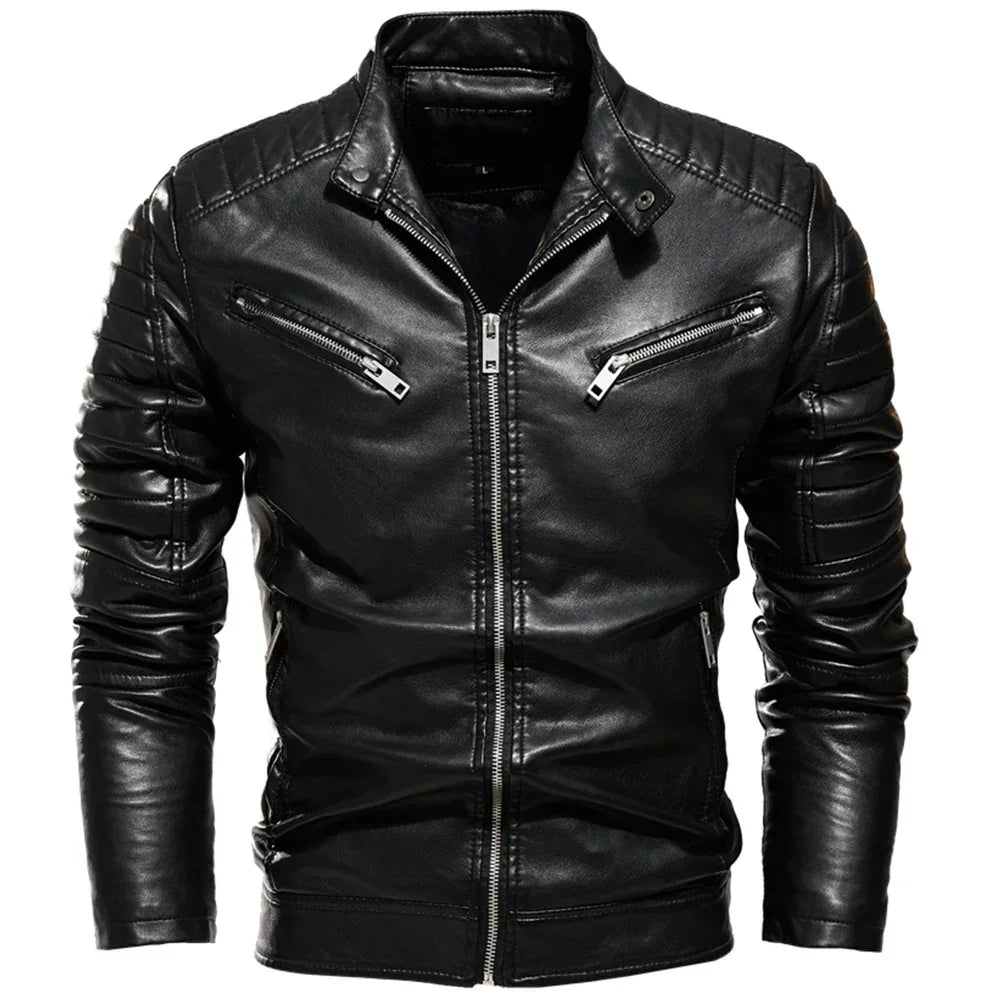 Men Fur Lined Warm Motorcycle Jacket Slim Street Fashion BLack Biker Coat Pleated Design Zipper 2024 Winter Black Leather Jacket
