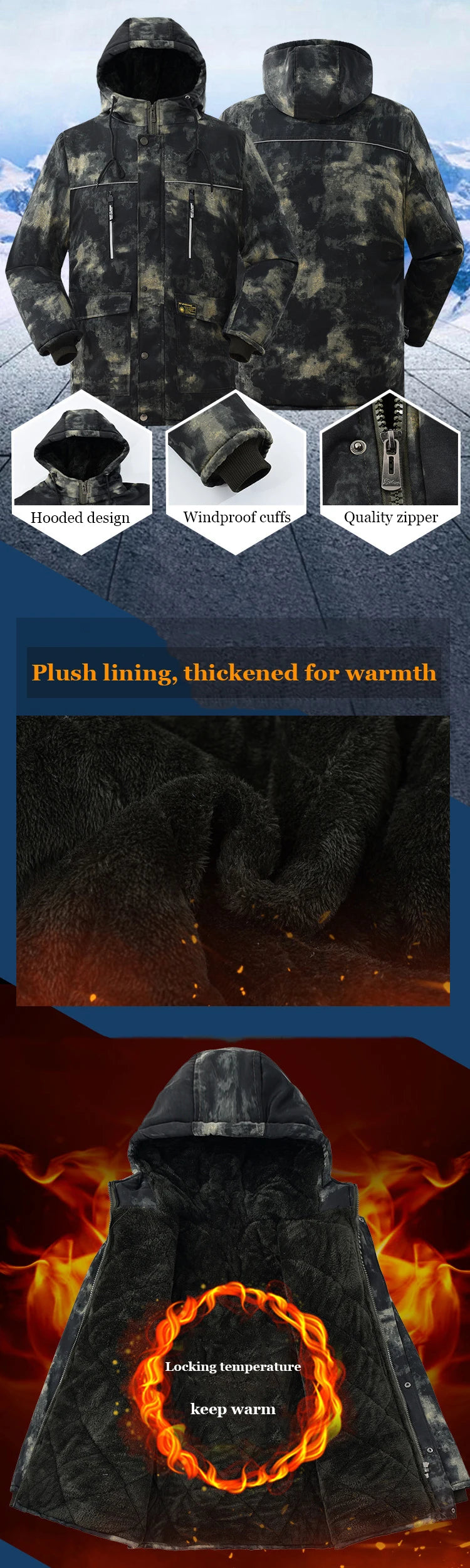 Fleece Hooded Tactical Jacket Mens Winter Camouflage Cotton Padded Thick Parkas Outdoor Waterproof Coat Casual Windproof Jacket