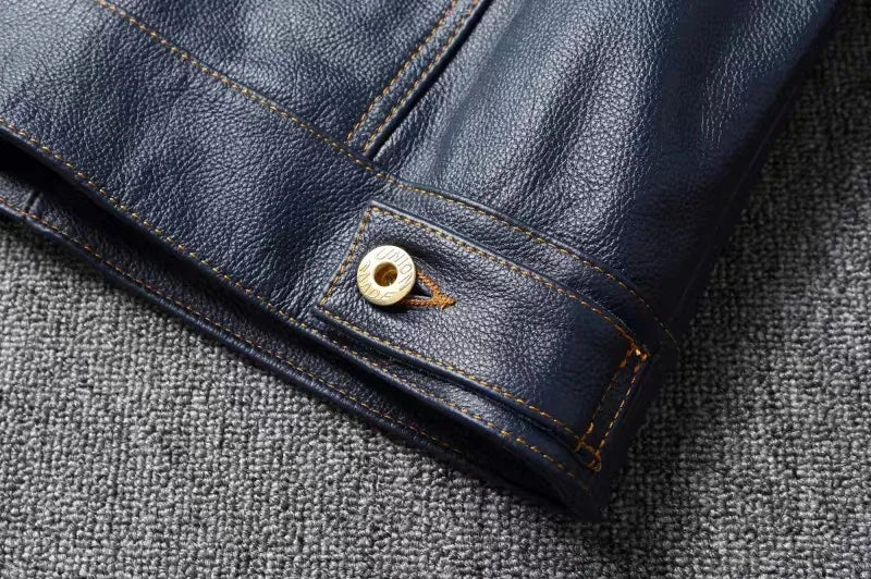 2023 New Leather Jacket Men's Single-Breasted Denim Blue Retro Old Motorcycle Leather Jacket Slim-Fit Lapel Coat