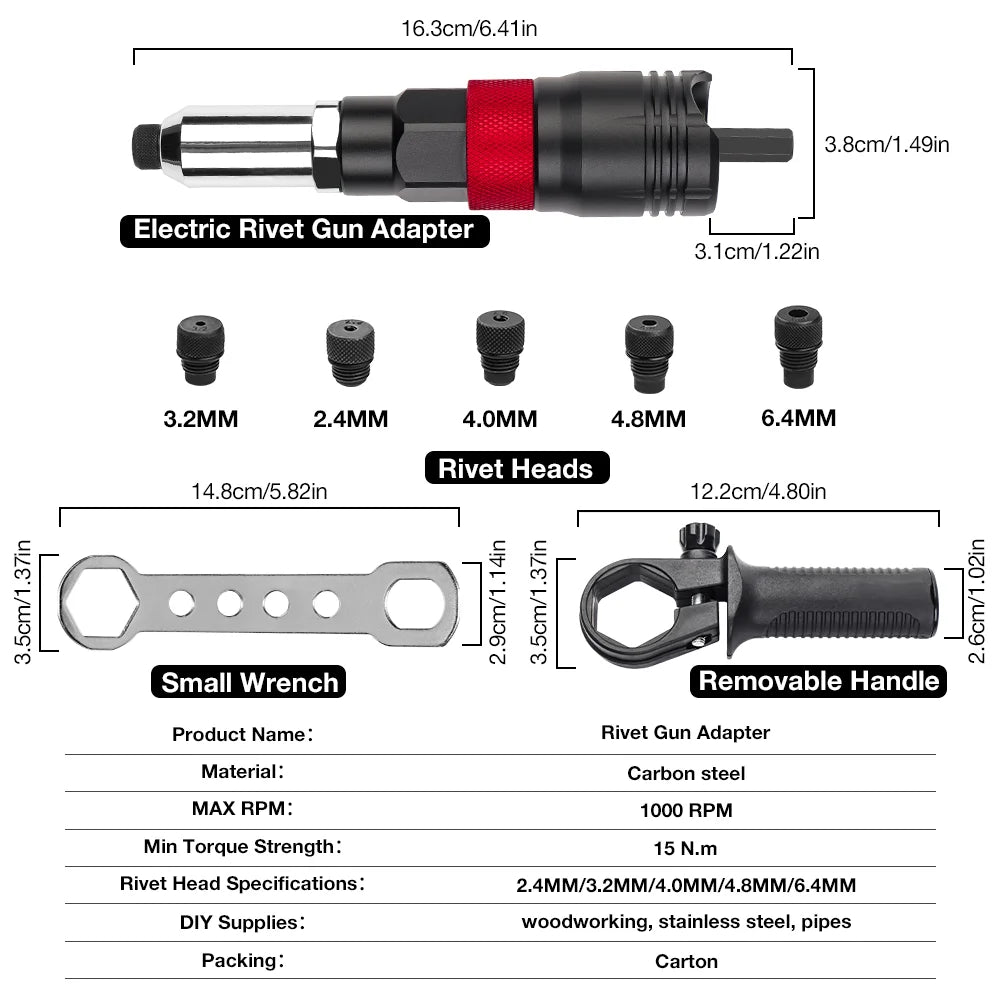 Electric Rivet Gun Electric Drill Rivet Gun Adapter Cordless Riveting Tool Kit, Plug-in Rivet Tool 2.4mm/3.2mm/4.0mm/4.8mm/6.4mm