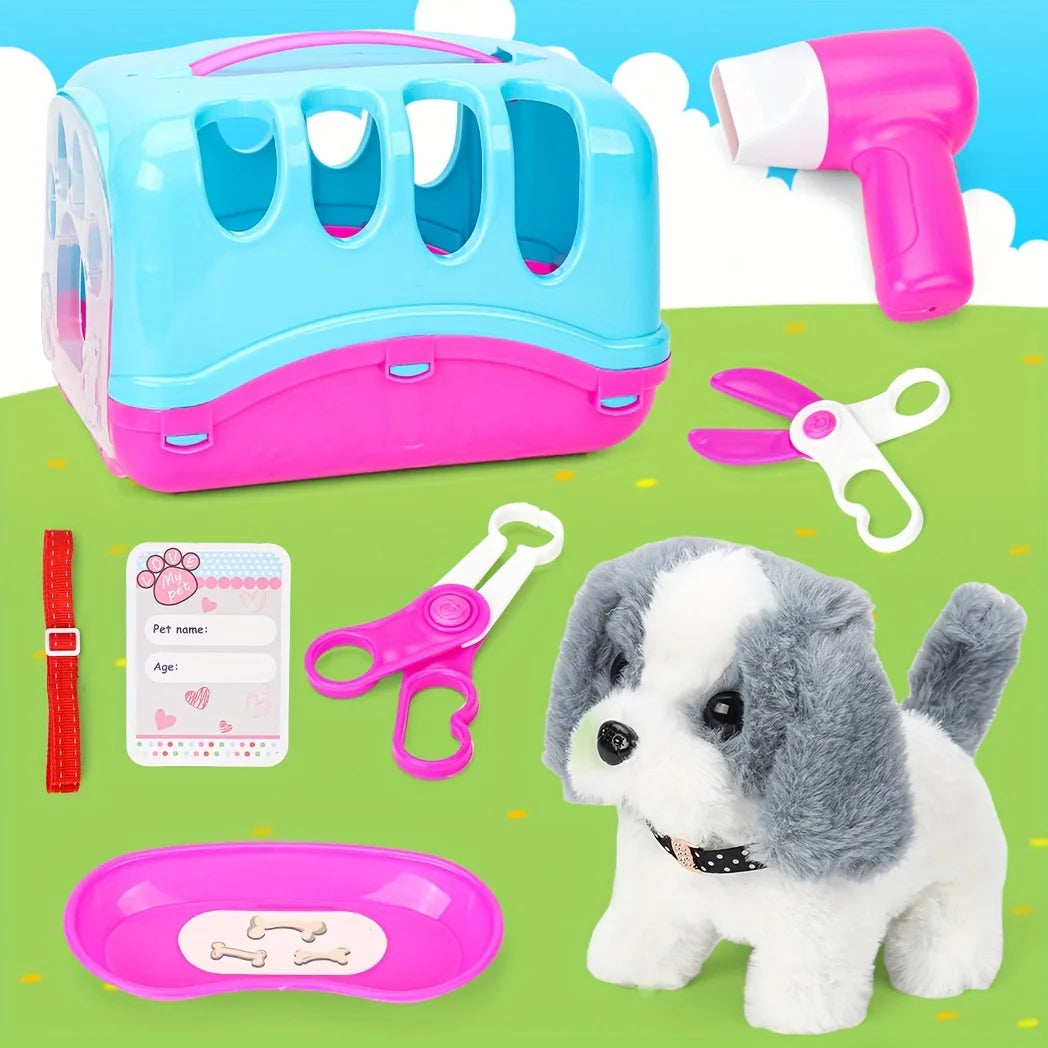 Pet Puppy Care Accessories with Dog  House -Simulated Brador Dog Call Plush Toy - Children Interactive Vet Clinic Doctor - Role