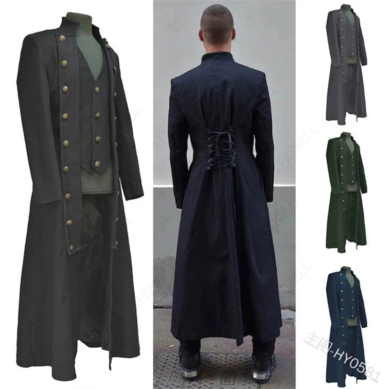 Medieval Men Vintage Costumes Steampunk Gothic Black Long Jacket Coat Vampire Cosplay Pirate Halloween Outfit Men's Trenchcoat