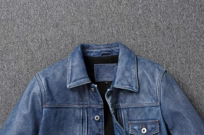 2023 New Leather Jacket Men's Single-Breasted Denim Blue Retro Old Motorcycle Leather Jacket Slim-Fit Lapel Coat