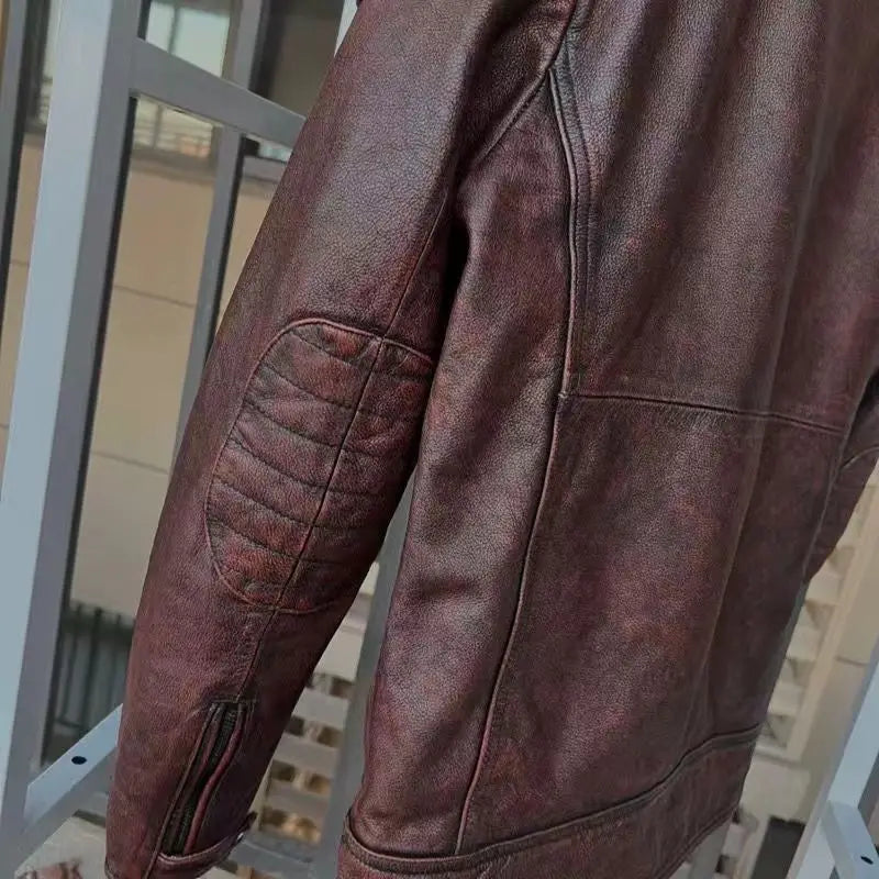 Vintage Black Brown Real Cowhide Genuine Leather Jacket Real Fur Men's Leather Jacket Bomber Men Leather Jacket Motorcycle Coat